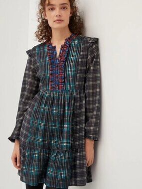 Dhruv Kapoor Anthropologie Ariana Plaid Shimmery Ruffled Mini Dress Size XS